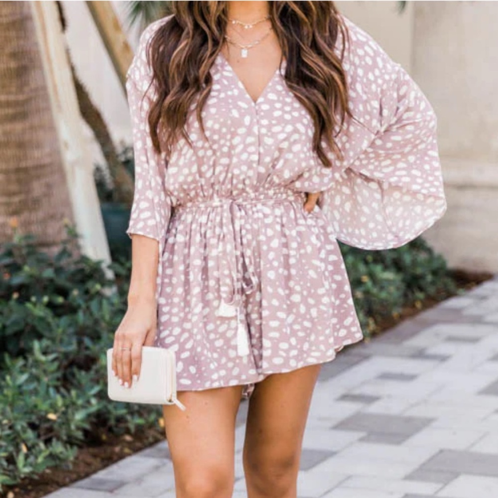 Taupe and White Polka Dot Romper- Small